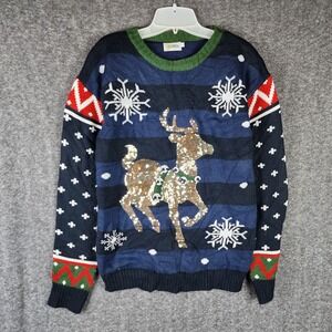 Joyin Sweater Womens L Ugly Christmas Reindeer Navy Blue Sequined EUC
